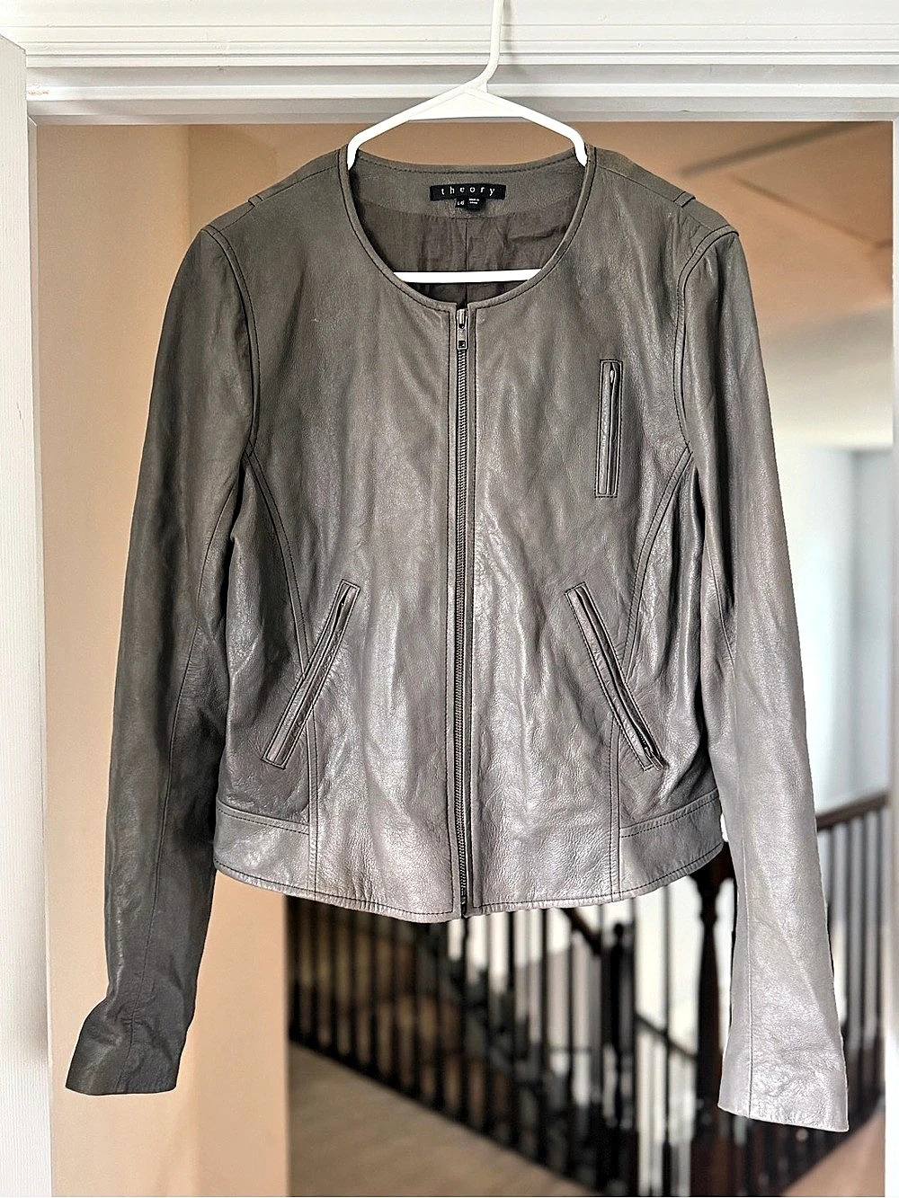 Theory Lamb Leather Collarless Moto Jacket Gray Women’s Large